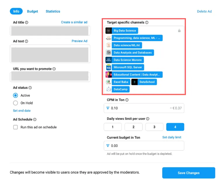 targeting multiple channels on telegram ads