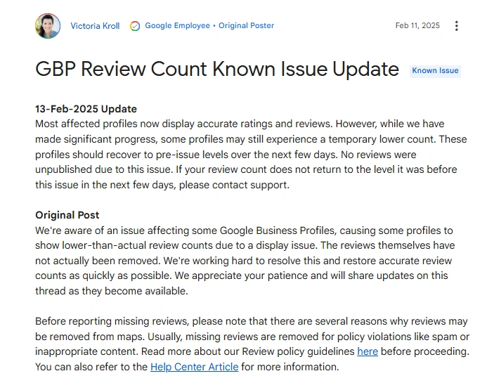 According to Google representatives Victoria Kroll , the issue is a display problem rather than a complete removal of reviews.