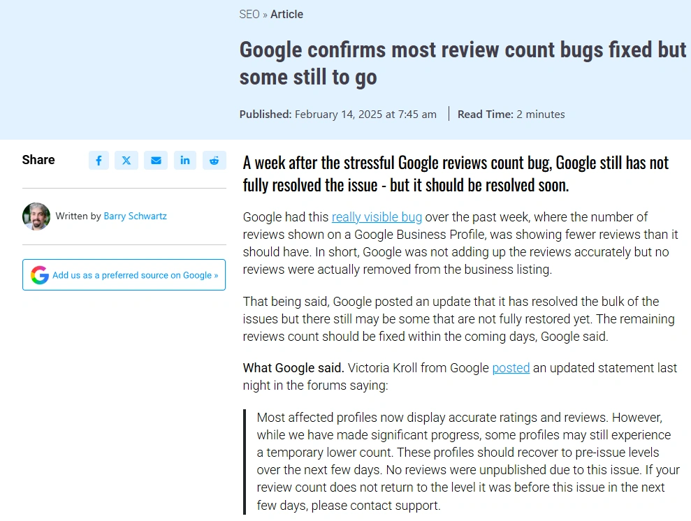 Barry Schwartz Published article about disappearing google review in 2026