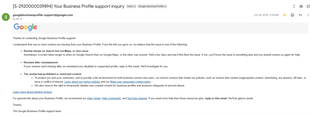 Google's reply on disapperaing google business profile review